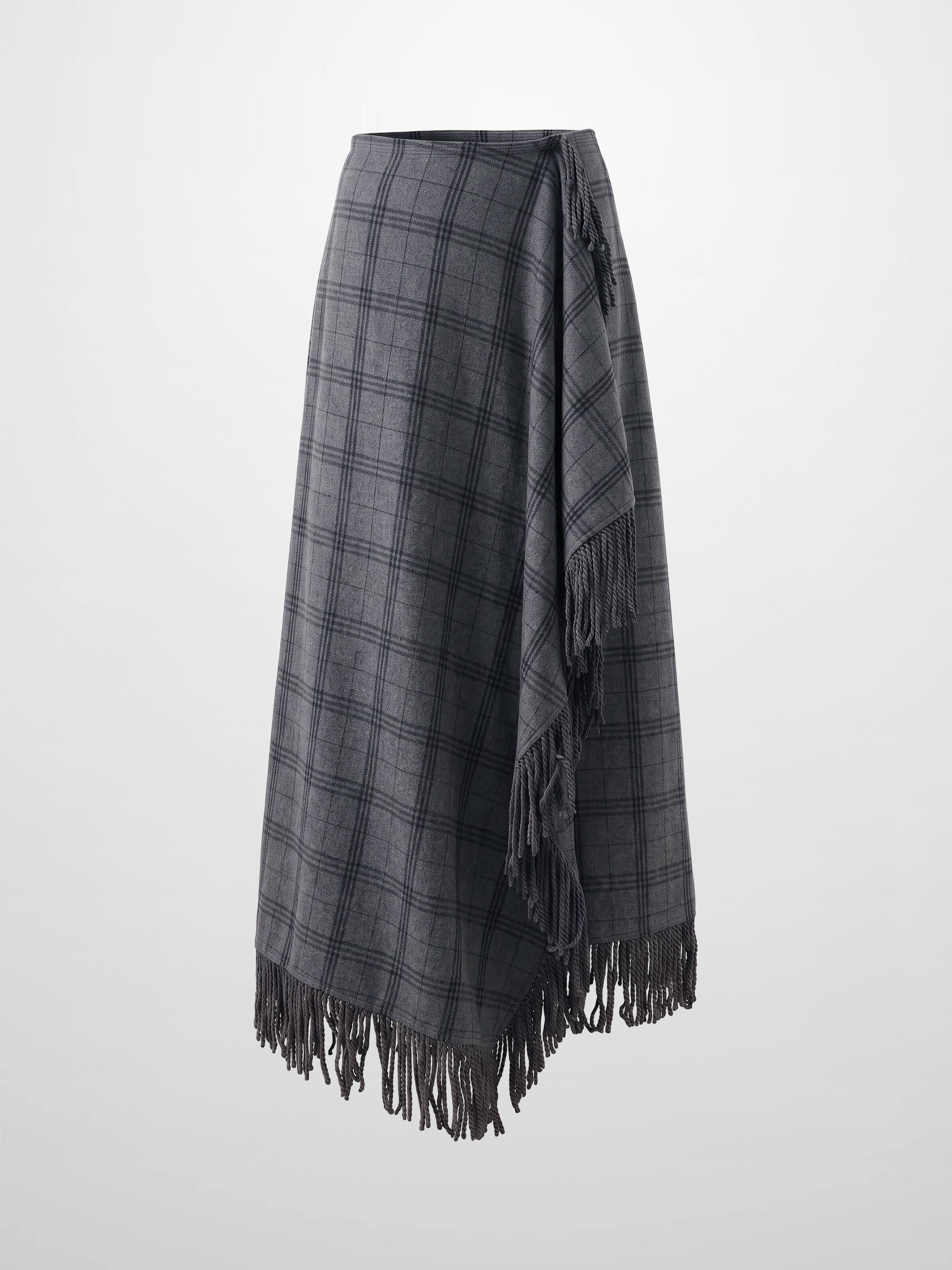Tassel Mock Wrap Skirt - Grey Plaid
