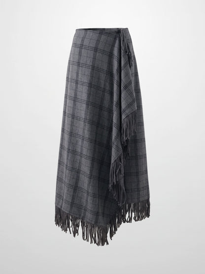 Tassel Mock Wrap Skirt - Grey Plaid