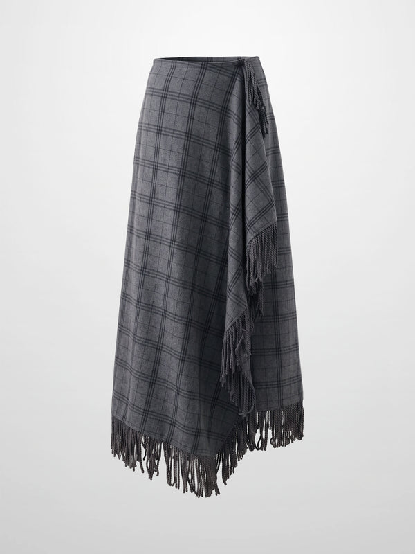 Tassel Mock Wrap Skirt - Grey Plaid