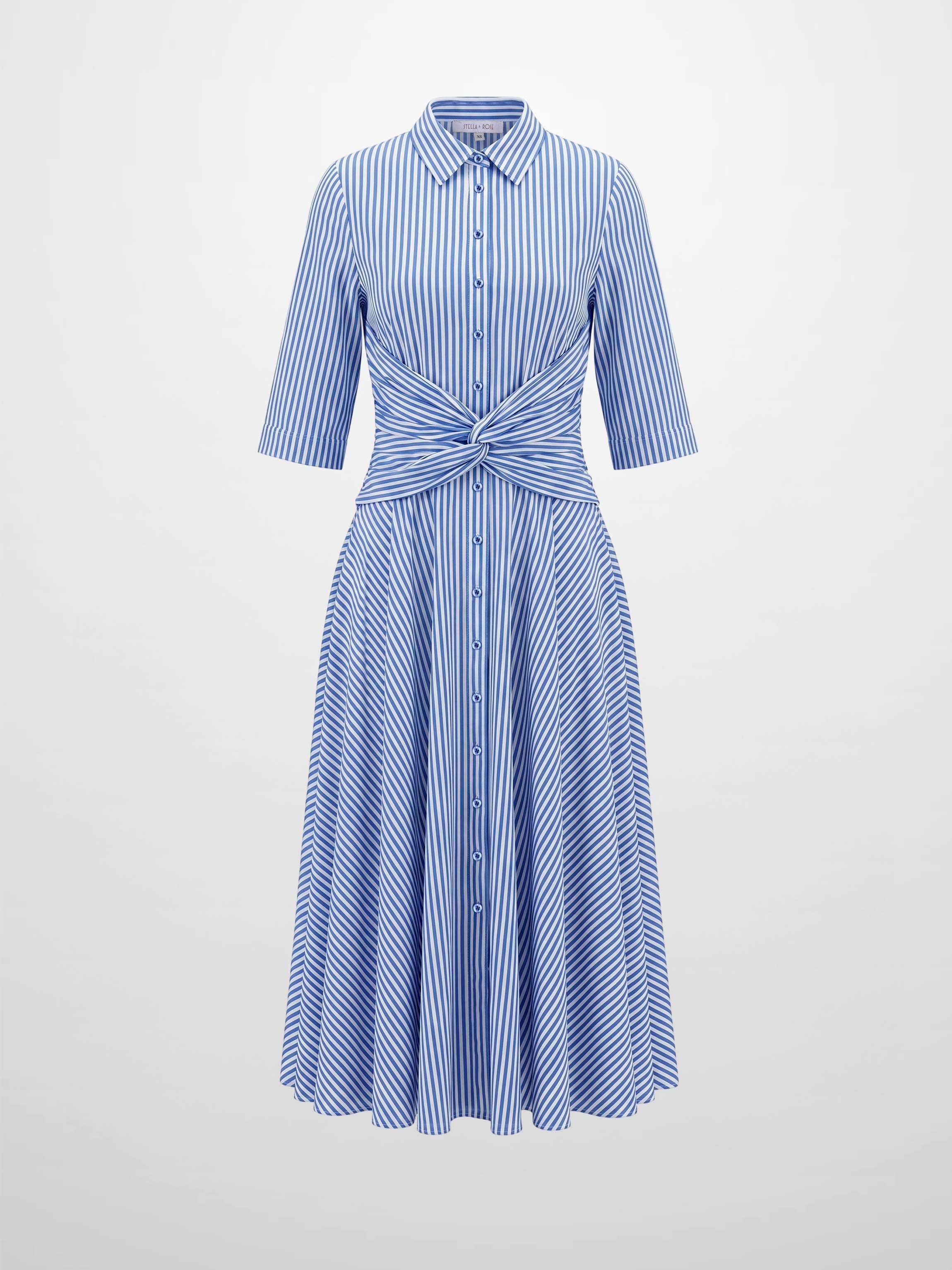 Ruched Knot Dress-Blue/White Stripe