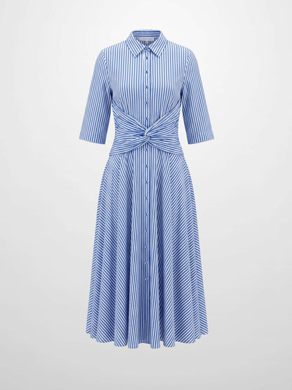 Ruched Knot Dress-Blue/White Stripe