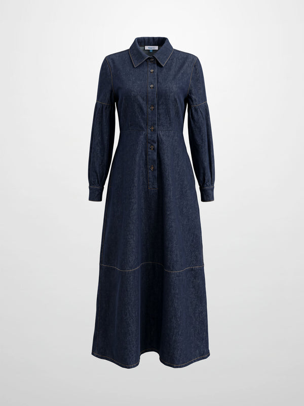 High Waisted Denim Dress - Dark Blue