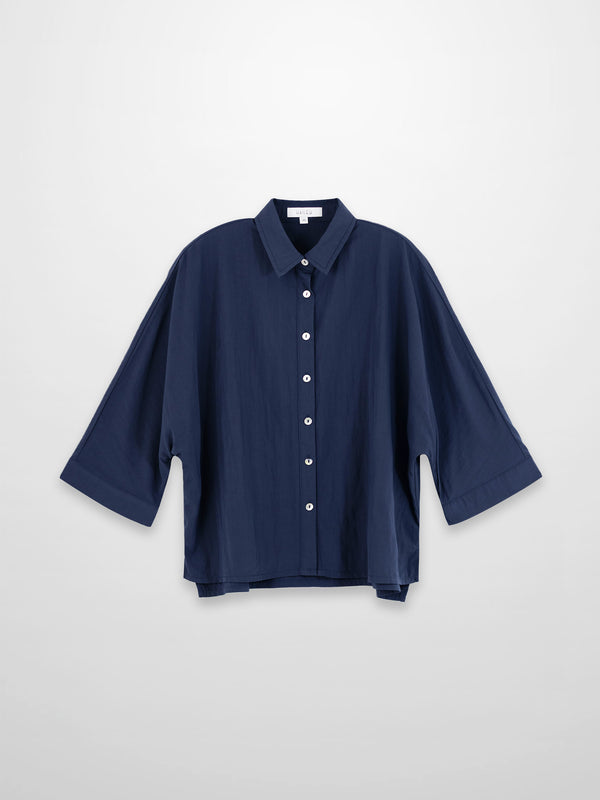 Boxy Dolman Sleeve Crinkle Blouse-Navy