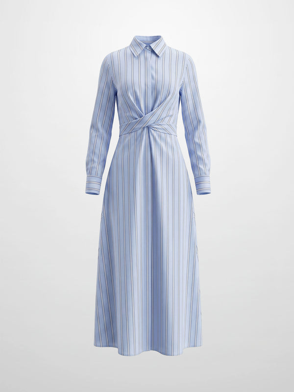 Pinstripe Tie Front Shirtdress-Light Blue Stripe