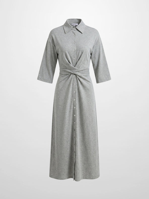 Waist Tie Button Down T-Shirt Dress-Heather Grey