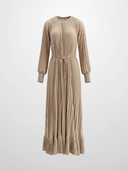 Micro Pleat Dress-Tan