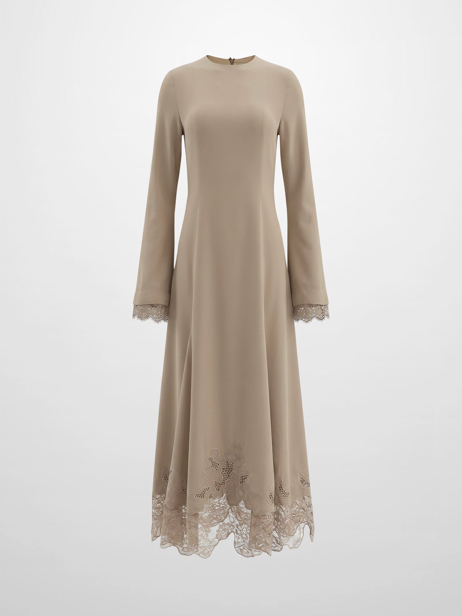 Lace Trim Crepe Dress-Sand
