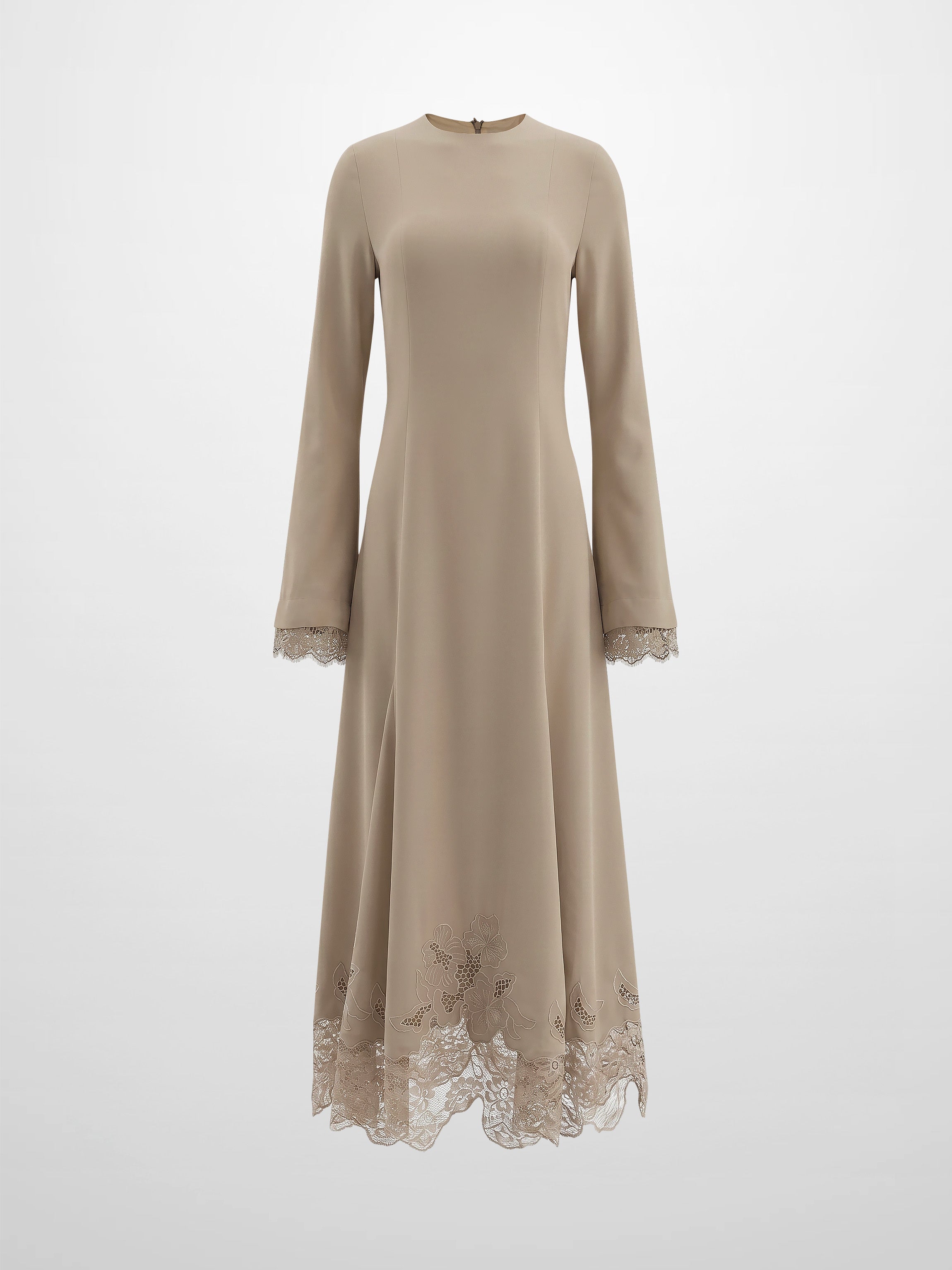 Lace Trim Crepe Dress-Sand