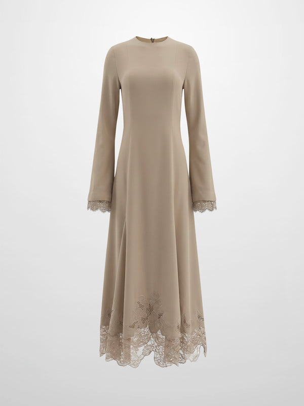 Lace Trim Crepe Dress-Sand