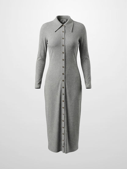 Button Down Ribbed Maxi Dress-Heathered Grey