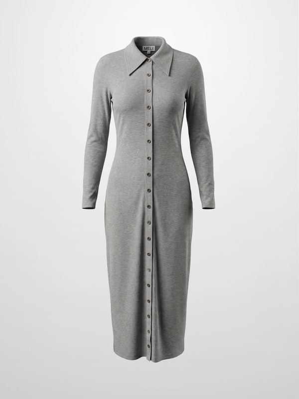 Button Down Ribbed Maxi Dress-Heathered Grey