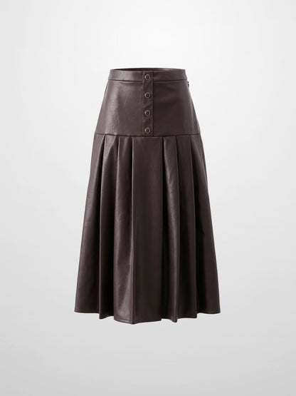 Yoke Faux Leather Pleat Skirt - Brown