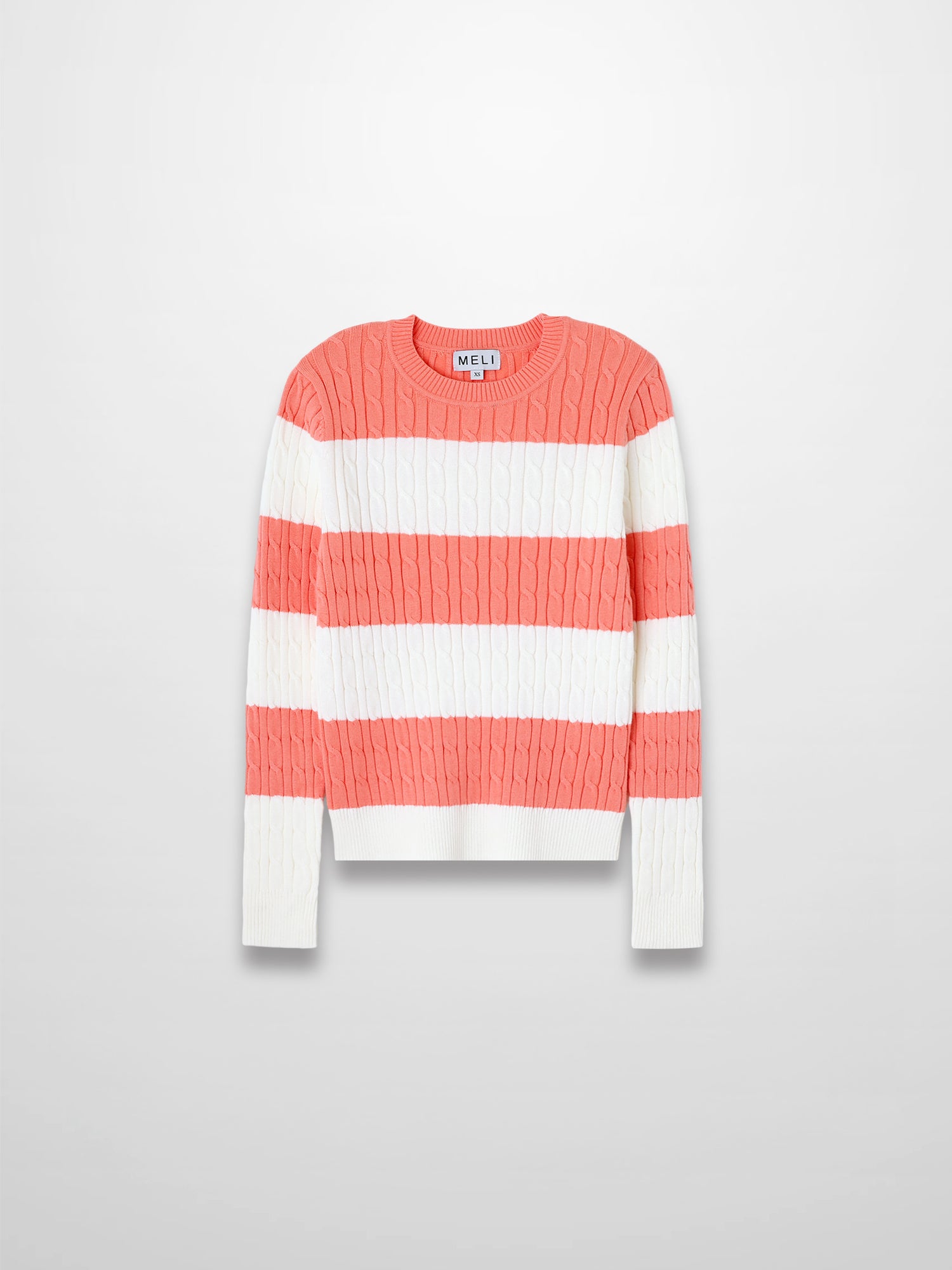 Striped Cable Sweater-Coral/White