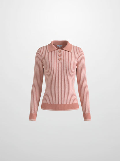 Two Tone Ribbed Polo Sweater-Peach