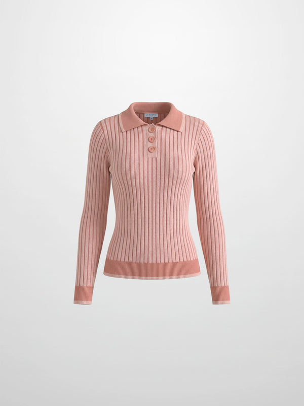 Two Tone Ribbed Polo Sweater-Peach