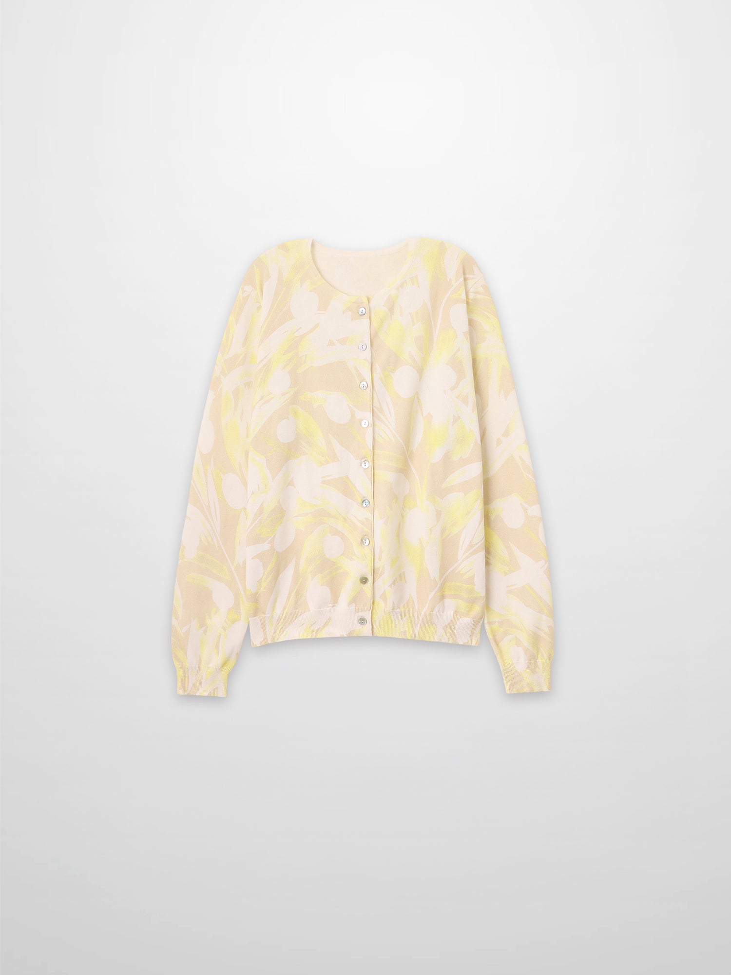 Printed Thin Button-Down Crew Cardigan-Yellow Floral