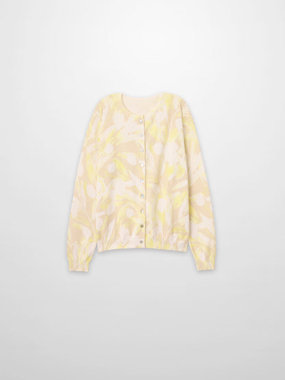 Printed Thin Button-Down Crew Cardigan-Yellow Floral