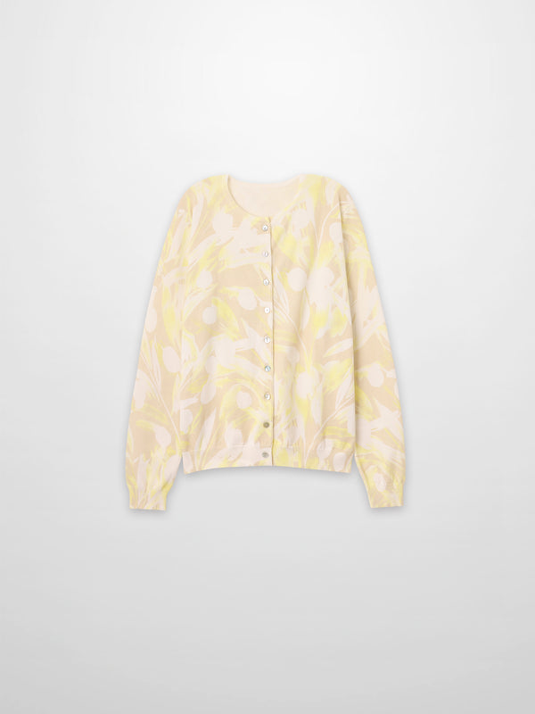 Printed Thin Button-Down Crew Cardigan-Yellow Floral