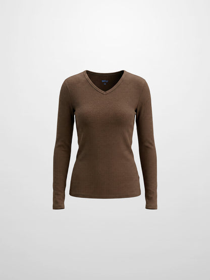Soft Ribbed High V Tee-Mid Brown