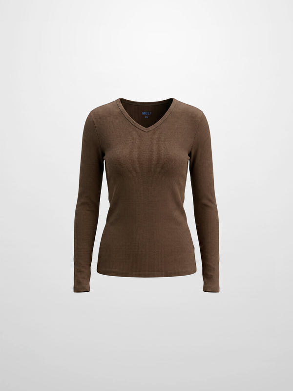 Soft Ribbed High V Tee-Mid Brown