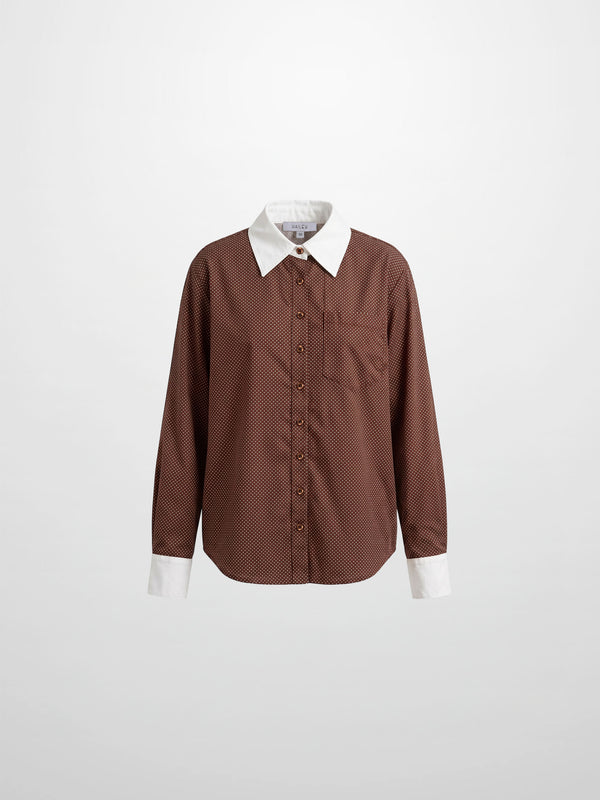 White Collar Mini Dot Shirt-Brown/White