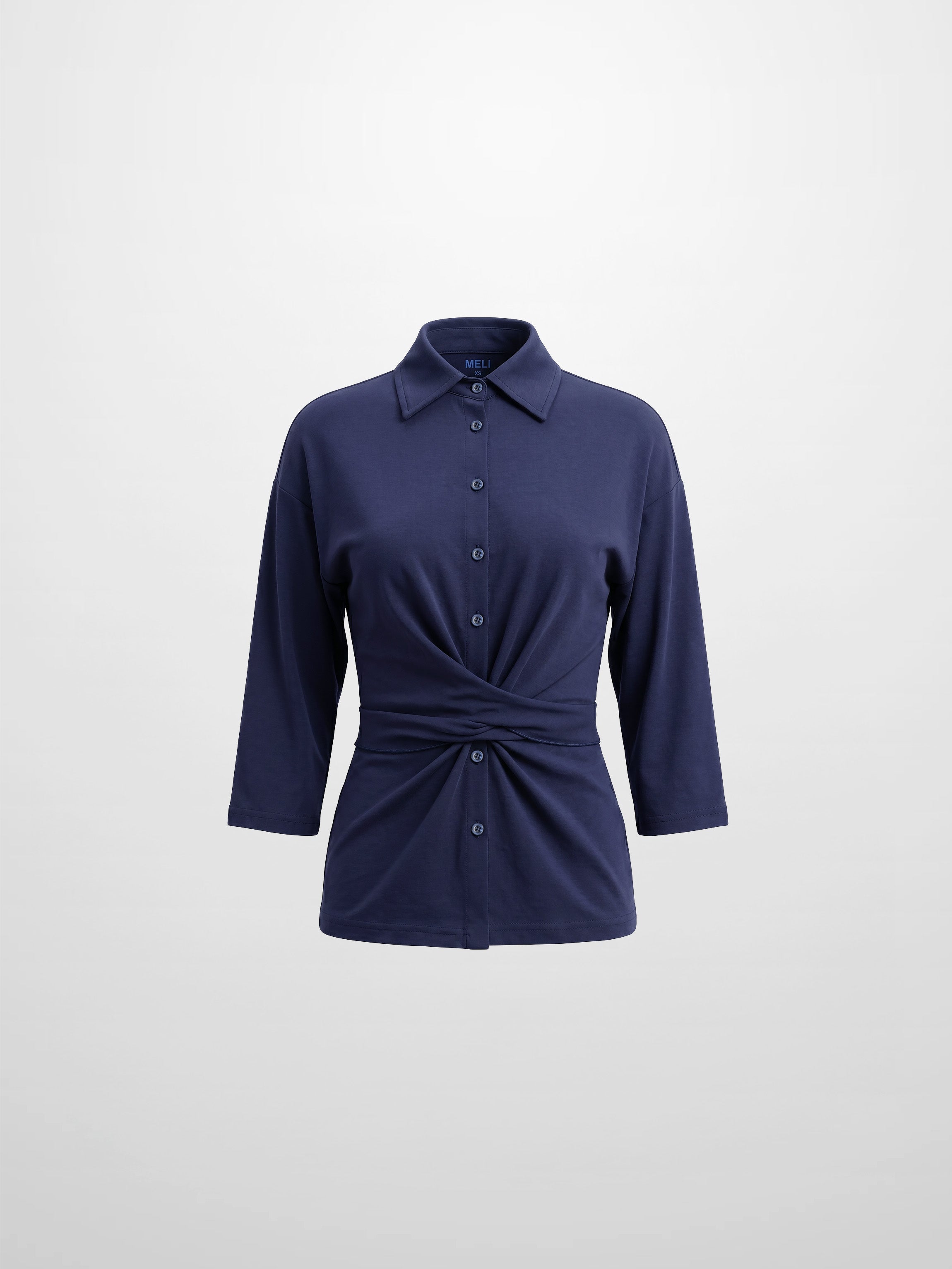 Waist Tie Button Down T-Shirt-Navy