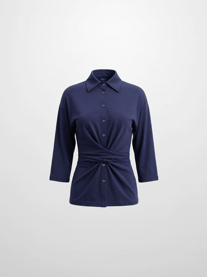 Waist Tie Button Down T-Shirt-Navy