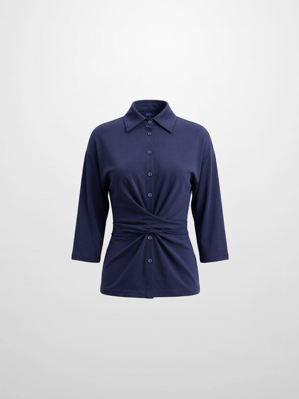 Waist Tie Button Down T-Shirt-Navy
