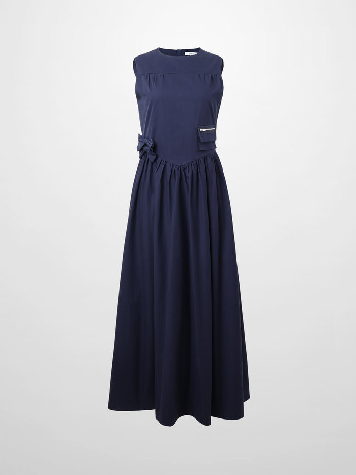 V Gathered Waist Jumper-Navy