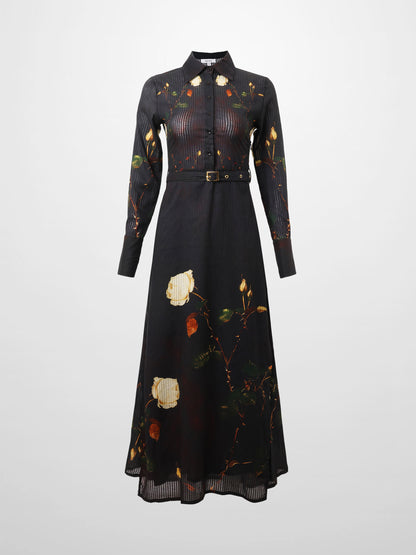 Lightweight Shirtdress-Black Floral