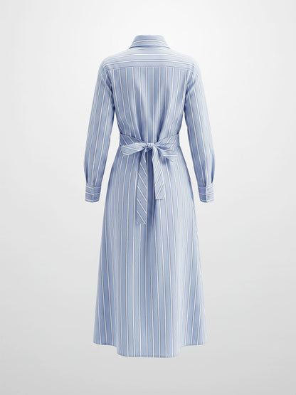 Pinstripe Tie Front Shirtdress-Light Blue Stripe