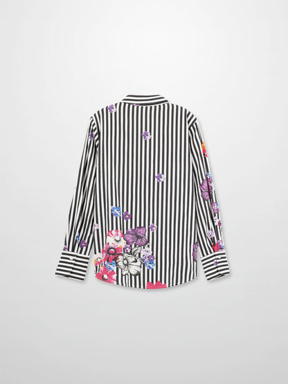 Printed Crinkle Button Down Blouse-Floral Stripe