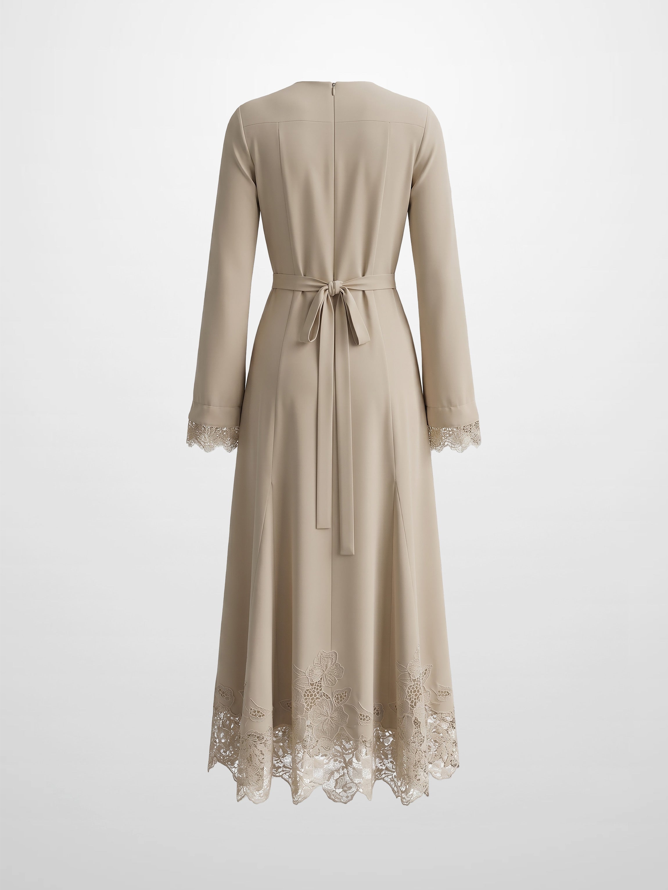 Lace Trim Crepe Dress-Sand