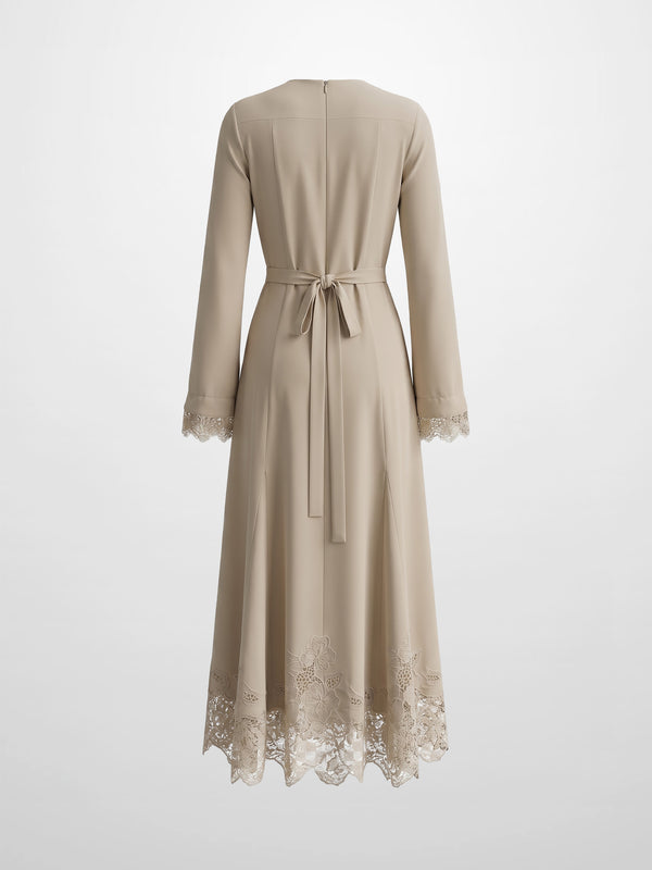 Lace Trim Crepe Dress-Sand
