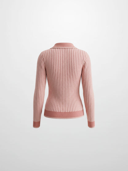 Two Tone Ribbed Polo Sweater-Peach