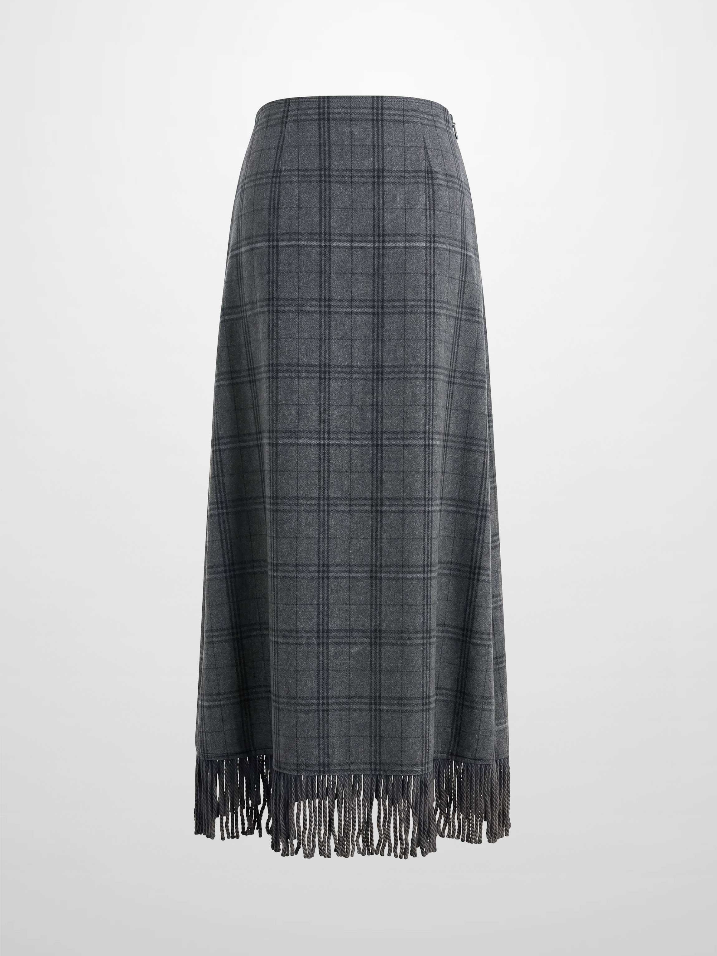 Tassel Mock Wrap Skirt - Grey Plaid