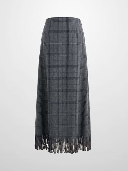 Tassel Mock Wrap Skirt - Grey Plaid
