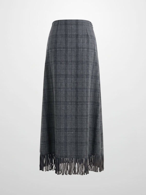 Tassel Mock Wrap Skirt - Grey Plaid