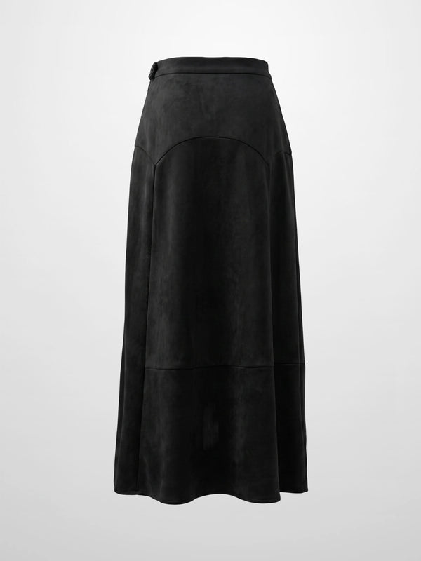 Curved Yoke Faux Suede Skirt - Black