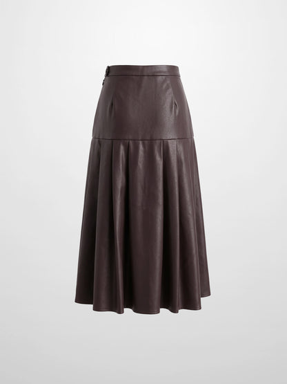 Yoke Faux Leather Pleat Skirt - Brown