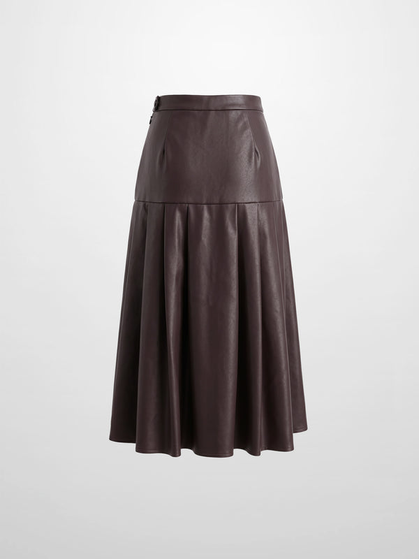 Yoke Faux Leather Pleat Skirt - Brown