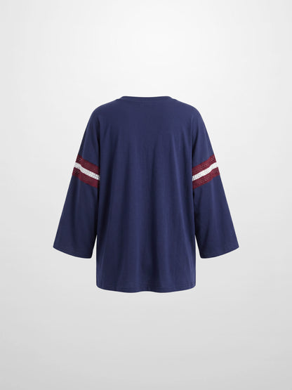 Crochet Stripe Boxy Tee-Blue/Burgundy/White