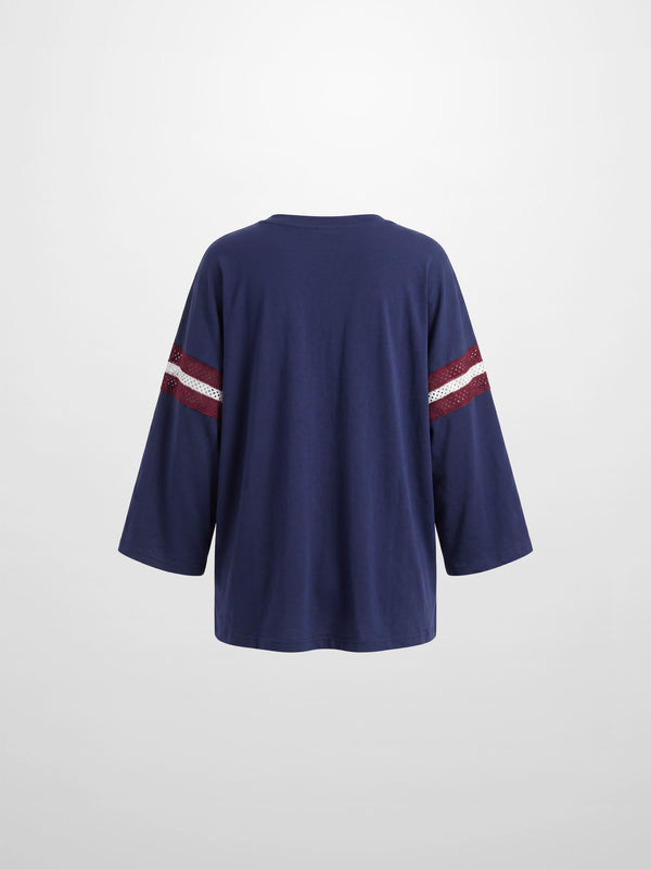 Crochet Stripe Boxy Tee-Blue/Burgundy/White