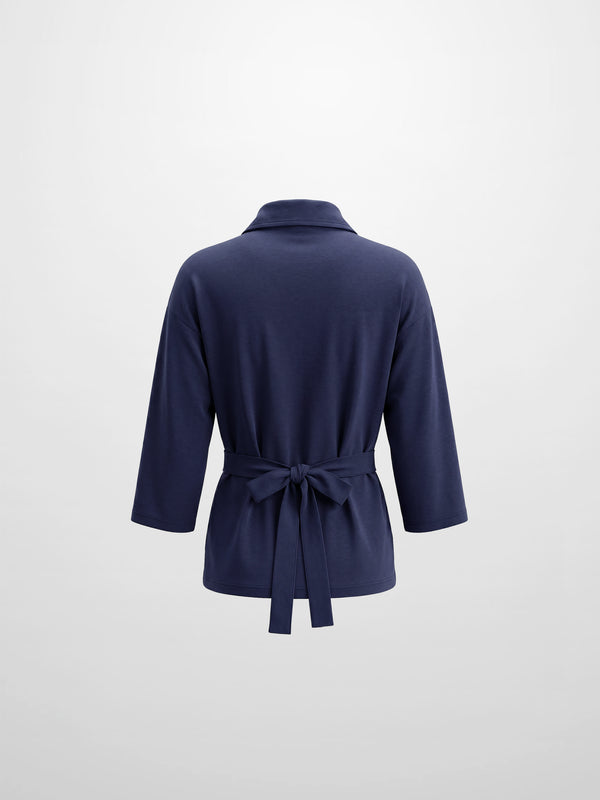 Waist Tie Button Down T-Shirt-Navy