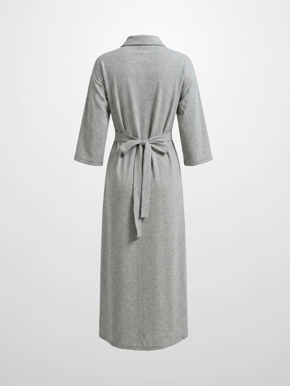 Waist Tie Button Down T-Shirt Dress-Heather Grey