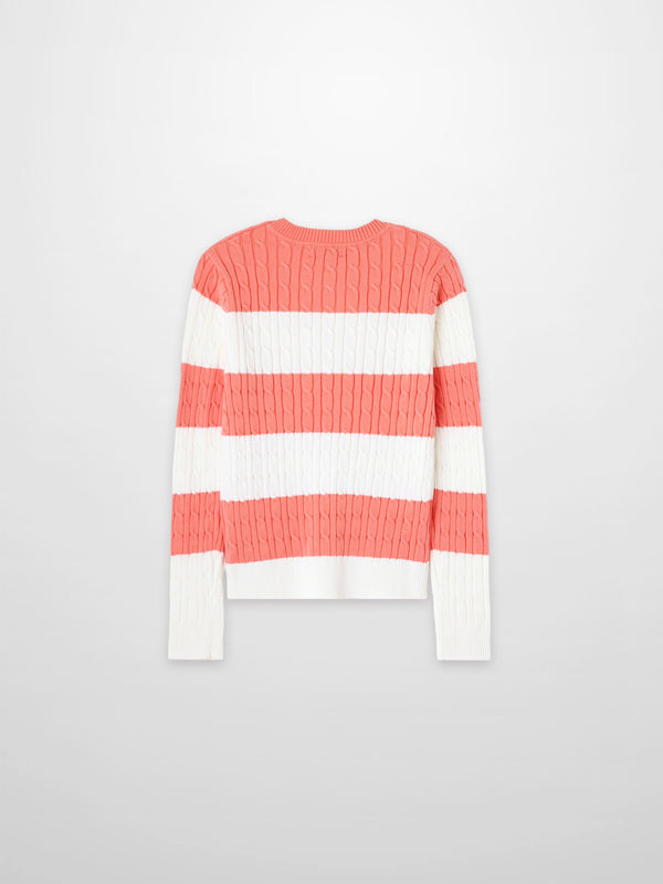 Striped Cable Sweater-Coral/White