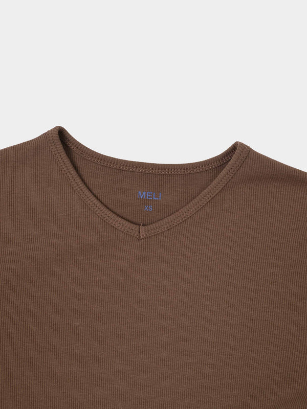 Soft Ribbed High V Tee-Mid Brown