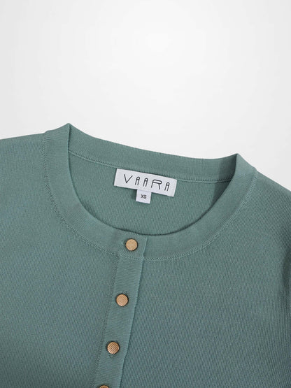 Gold Button Crop Cardigan-Sage