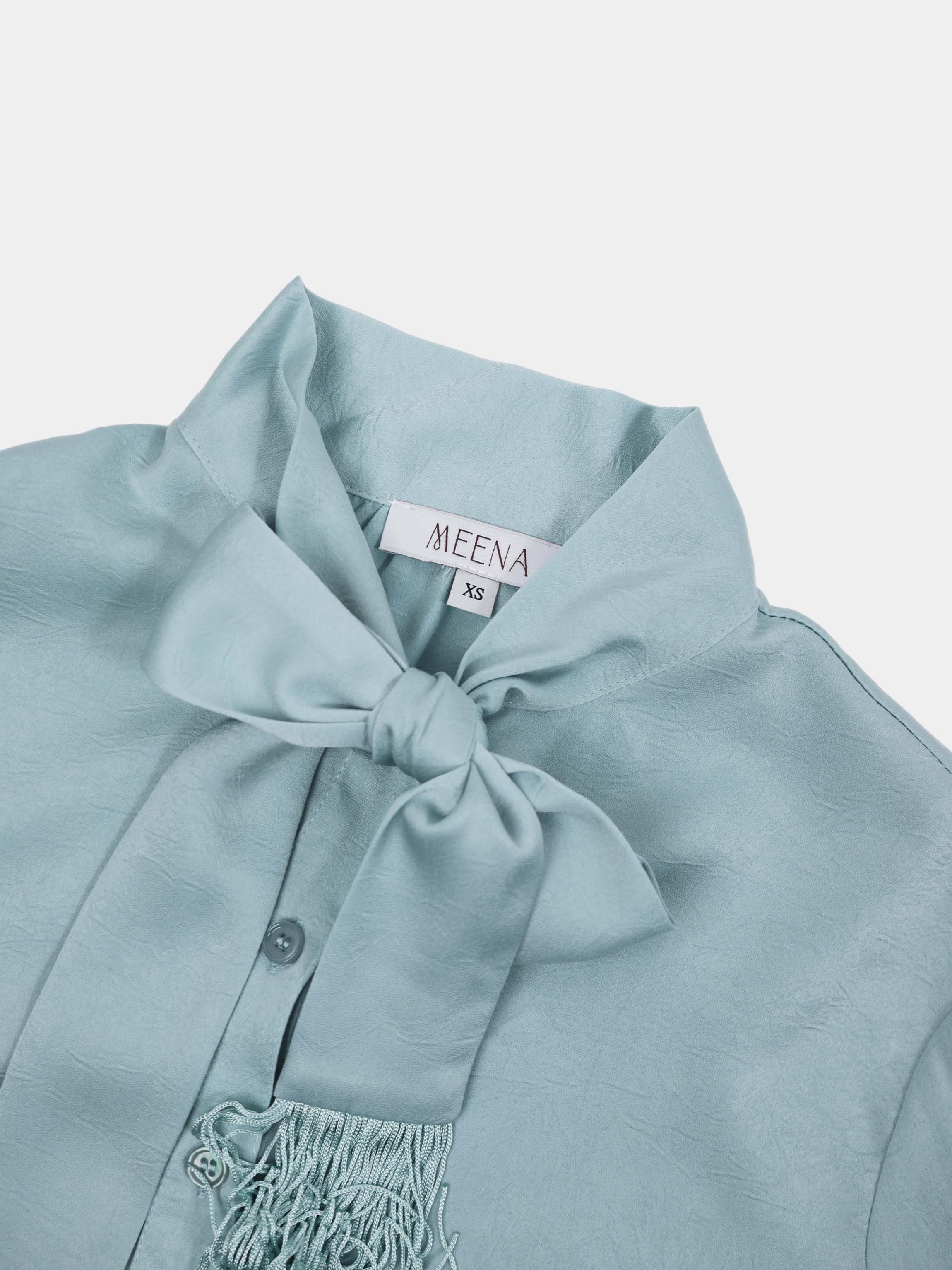Fringe Bow Blouse-Light Blue