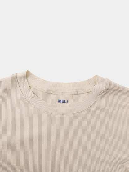 Rounded Hem Ribbed T-Shirt-Tan